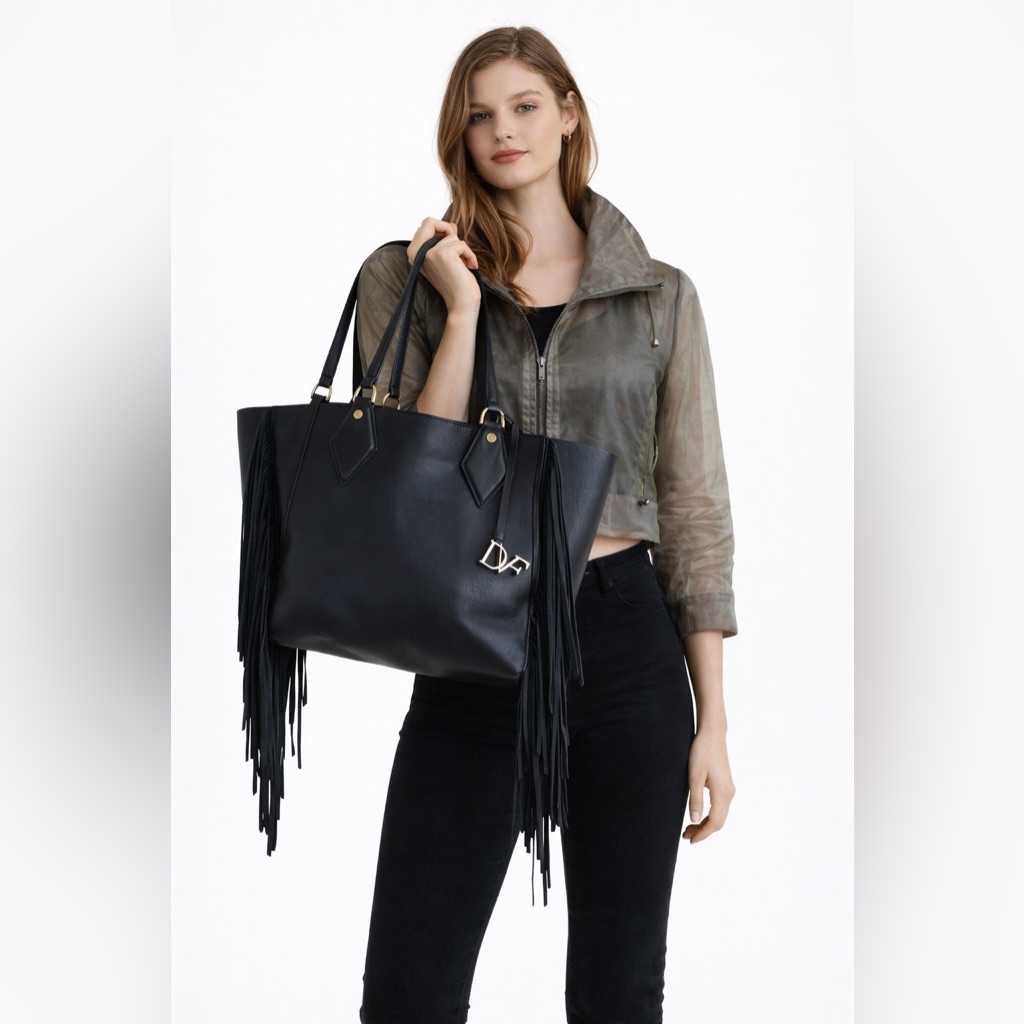Diane Von Furstenberg Voyage East West Fringe Tote Black Leather Shoulder Bag
